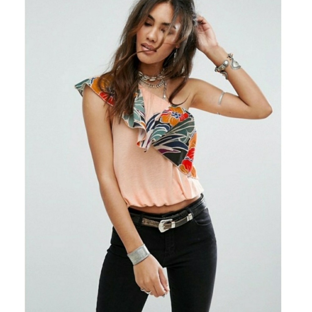 Free People Annka Bubble Tropical One Shoulder Vacation Blouse In Peach Medium - Picture 4 of 15